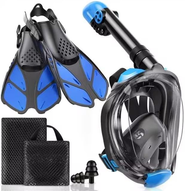 Viginsul Mask Fins Snorkeling Gear for Adults, Full Face Snorkel Mask & Adjustable Swim Fins Snorkel Set, Panoramic View Snorkel Mask Dry Top Anti-Fog Anti-Leak