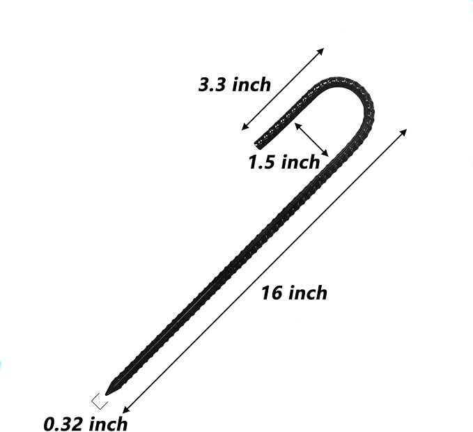 Rebar Stakes, 10 Pack 16 Inch Heavy Duty J Hook Ground Stakes for Camping Tent Trampoline Swings and Chain Link Fence, Black Powder Coated (Black)