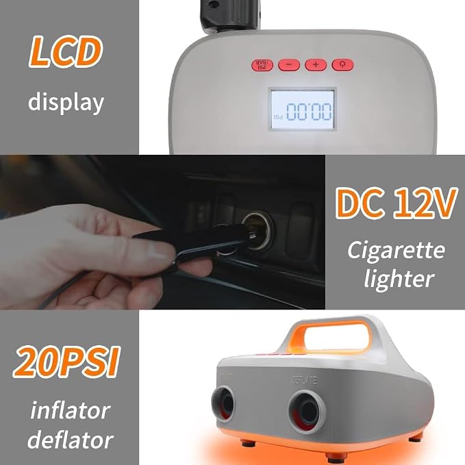Electric Sup Air Pump, 20PSI High Pressure for Inflatables and Deflation, 6 Nozzles Sup with LCD Display for Inflator Boat, Paddle Board Surf Boats Rubber Inflatable Tents