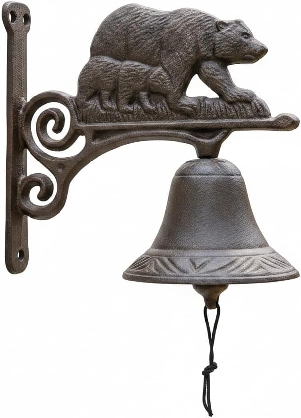 Comfy Hour 7.8" Heavy Duty Cast Iron Bear Dinner Bell, Loud Resonant Wall Mounted Outdoor Doorbell for Farmhouse, Garden & Cabin, Decorative Wildlife Metal Bell for Porch, Antique Black Finish