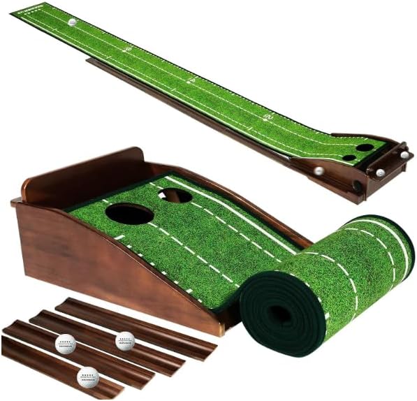 Premium Wood Golf Putting Green Indoor- 10-11 Stimp Speed True Roll Mat-Auto Ball Return, Dual Precision Holes, Alignment Mirror & 2 Balls-Professional Indoor Putting Trainer for Home & Office