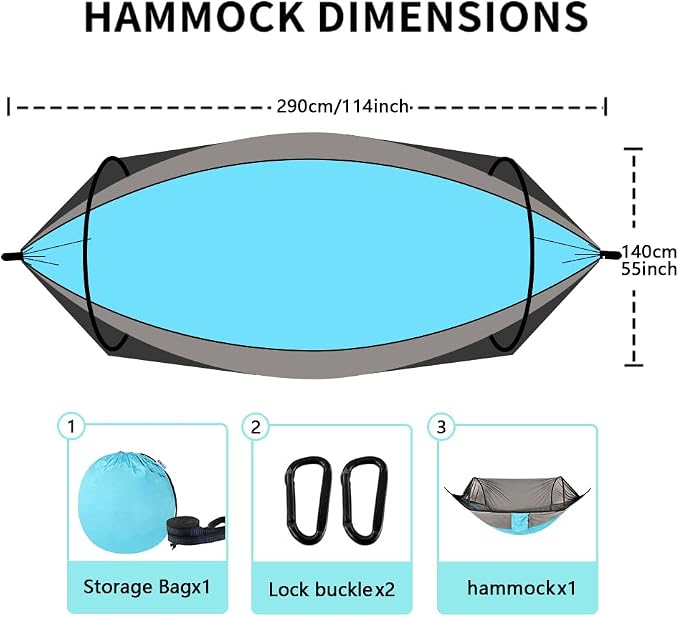 Camping Hammock with Mosquito Net - Double & Single Portable Hammocks with 2 Tree Straps, Lightweight Hammock Tent for Outdoor Camping, Hiking, Backpacking, Beach & Backyard (Blue)
