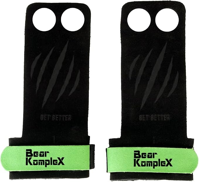 Bear KompleX 2 Hole Leather Hand Grips for Workouts, Pull-ups, Weightlifting, WOD Gymnastics, Crosstraining Palm Grips with Wrist Wraps, Hand Protection from Rips and Blisters,1 Pair