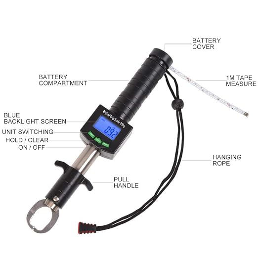 3 in 1 Digital Fish Grip Scale,25kg/55lb Fish Lip Grabber Fish Lip Grip with 1M Tape Measure ?¨º?¡ìBlack)