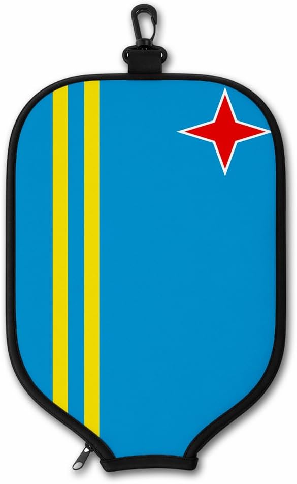 ExpressItBest Aruba Flag Pickleball Paddle Cover, Neoprene Material with Snap Hook, Blue and Yellow Design