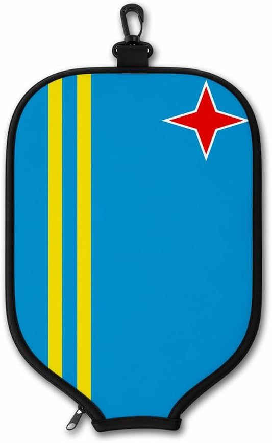 ExpressItBest Aruba Flag Pickleball Paddle Cover, Neoprene Material with Snap Hook, Blue and Yellow Design