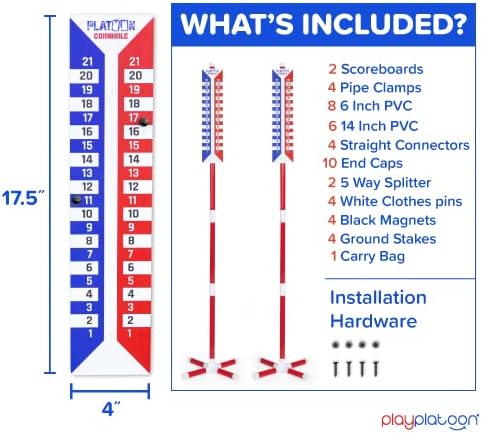 Play Platoon Cornhole Scoreboard Vertical Score Keeper Board & Accessories 4 Magnets, 4 Clothes Pin, PVC Tower Stand & Carry Bag Holder for Professional Corn Hole Bag Tournament