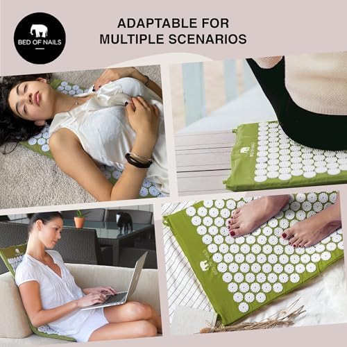 Bed of Nails Mat and Pillow Set – Original Bon Acupressure Design with 10962 Precision Nails, Mat: 28.5 x 16.5 x 1", Pillow: 14.5 x 6 x 4", Green