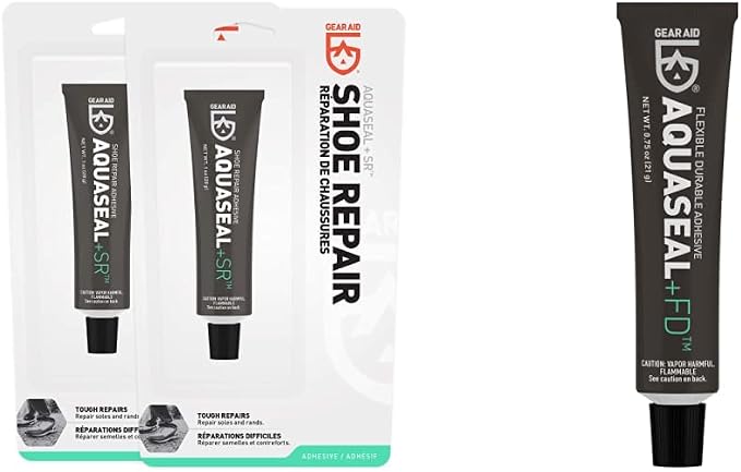 Gear Aid Aquaseal SR Shoe and Boot Repair Adhesive, Clear Glue, 1 oz (2 Pack) & Aquaseal FD Flexible Repair Adhesive for Outdoor Gear and Vinyl, Clear Glue, 0.75 oz, Model:10110