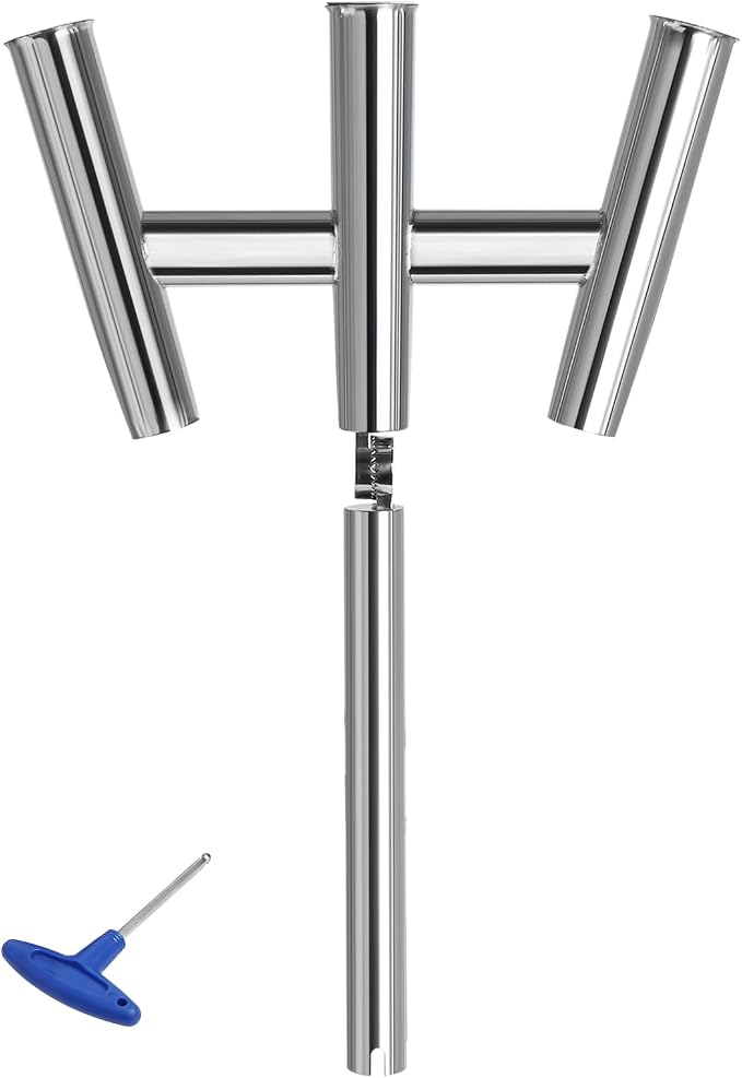 NovelBee 3 Tube Fishing Rod Holders,Polished Stainless Steel Trident Outrigger Stylish Rod Holder,Adjustable Kite Fishing Mount 3-Rod Holder