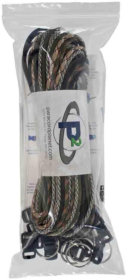Paracord 550 Kit - Five Colors (Olive Drab, ACU, Woodland Camo, Desert Camo, and Black) - 100 Feet Total with (10) 3/8-Inch Black Side Release Buckles and (5) 32mm Key Rings