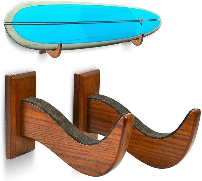 TESLYAR Surfboard Rack Holder Hooks Hard Wood Eco-Friendly Display Natural Finish Snowboard Wakeboard