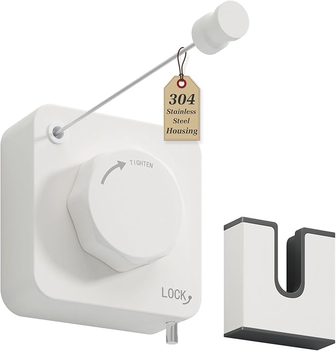 Danpoo Stainless Steel Retractable Clothesline Heavy Duty - 13.7ft Adjustable Tension Non-Drop Clothes Line, Rustproof Metal Wall Mounted Laundry Line(White)