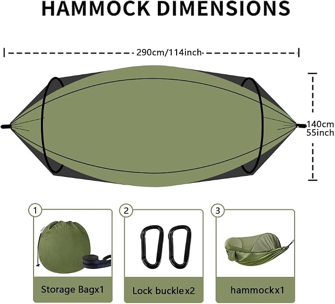 Camping Hammock with Mosquito Net - Double & Single Portable Hammocks with 2 Tree Straps, Lightweight Hammock Tent for Outdoor Camping, Hiking, Backpacking, Beach & Backyard (Army Green)
