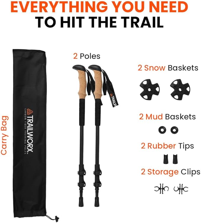 3K Carbon Fiber Trekking Poles, Collapsible Set of 2 Lightweight Adjustable Hiking Poles 24.5"-54" with Cork Grip, Tungsten Carbide Tips, Black, Includes Carry Bag, Snow & Mud Baskets