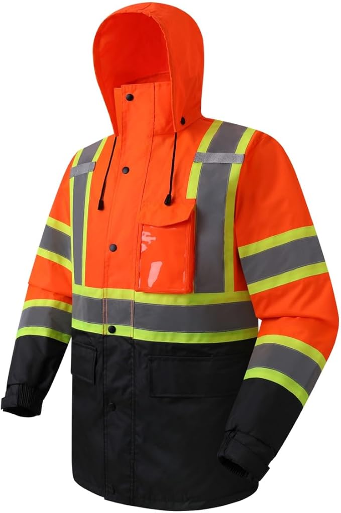 JKSafety Hi-Vis Reflective Safety Rain Jacket for Men Women Waterproof Rain Gears for Farming Fishing Work HV Rain Jacket with Inner Mesh Lining and Pockets (117A-OBlk M)