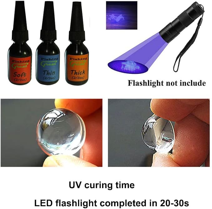 GREATFISHING Fly Tying UV Clear Glue and Power Light Combo Three Bottles Thick Thin and Soft +12 LED Light for Building Flies Heads Bodies Wings and Gluing Eyes