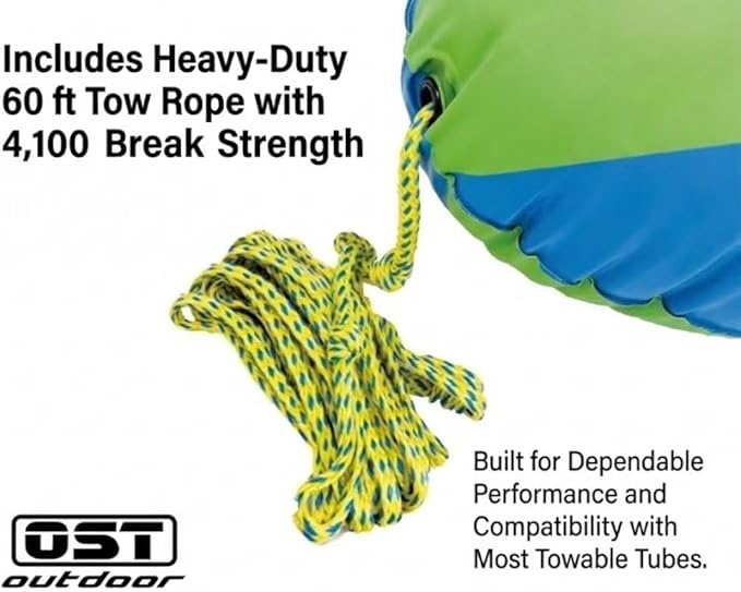 Towable Tube Ball with Tow Rope, Inflatable Tow Rope Float for Water Sports, Reduce Spray & Drag, Improves Tow Rope Visibility, 60 ft Rope with 4,100 lb Break Strength