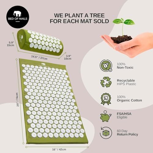 Bed of Nails Mat and Pillow Set – Original Bon Acupressure Design with 10962 Precision Nails, Mat: 28.5 x 16.5 x 1", Pillow: 14.5 x 6 x 4", Green