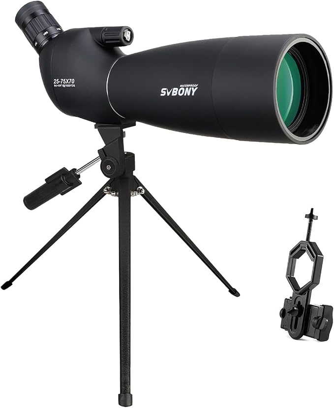 SVBONY SV28 Spotting Scopes with Tripod, 25-75x70 Spotting Scope with Phone Adapter, IP65 Waterproof Fogproof Spotter Scope for Target Shooting, Bird Watching