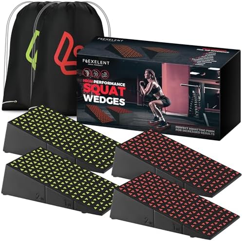 Flexelent Squat Wedge Block Pair, Squat Ramp, Calf Raise Block, Anti-Slip Slant Board, ATG Equipment to Boost Workout, 17° Incline, 3.5x5.9x12.2, Backpack Included - Vibrant Mix (Lime Green & Red)