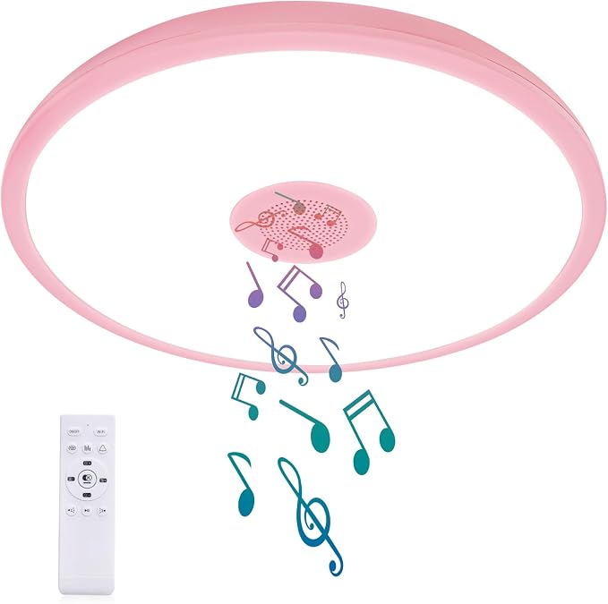 Pink Waterproof LED Ceiling Light Fixture,Music Ceiling Lamp,with Bluetooth Speaker,11Inch 18W, 2700K-6500K Dimmable RGB Color Changing Light with Remote Control,Suitable for Girls' Room