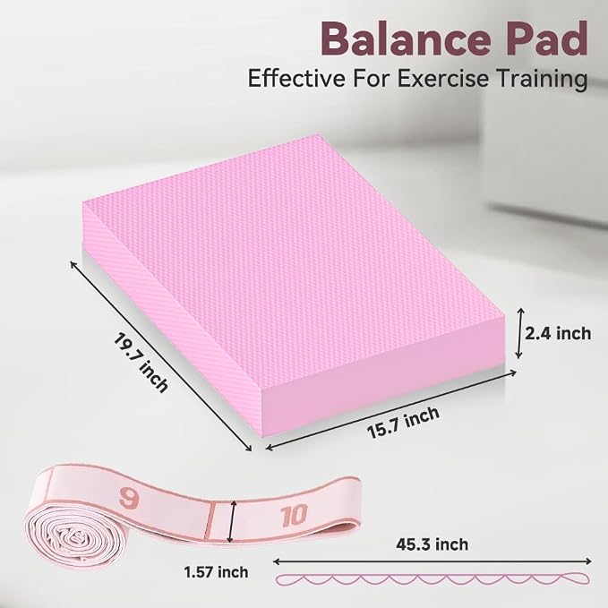 Extra Large Yoga Exercise Balance Pad - Thick Non-Slip Stability Cushion for Pilates and Exercise - High Density Foam Trainer for Core Strength Home Gym - Bonus: 10-Position Resistance Band!