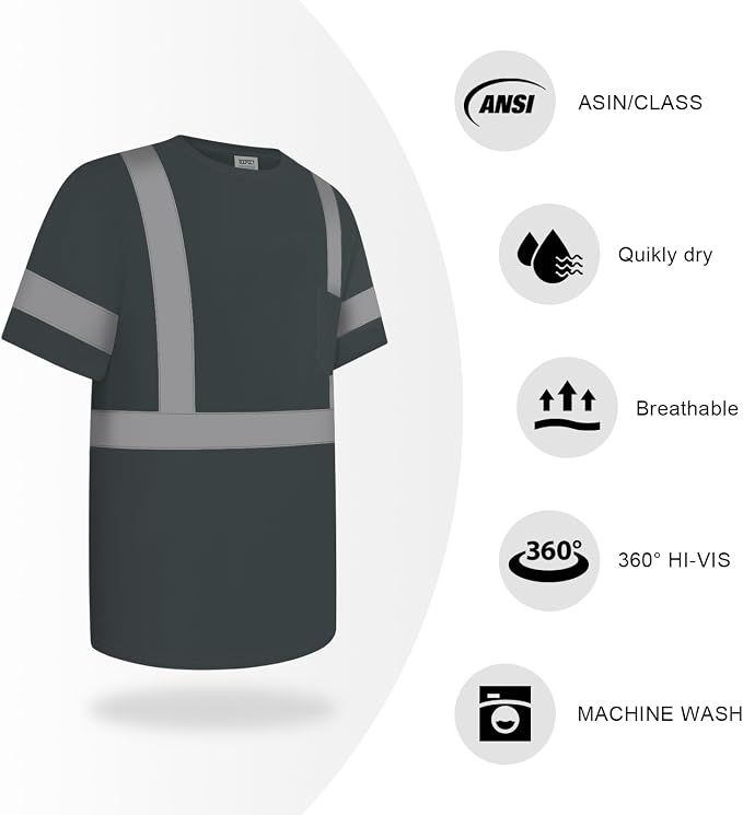 TCCFCCT Construction Shirts Class 2 High Visibility Shirts for Men, Hi Vis Reflective Safety Shirts for Men Women, Work Shirts with Short Sleeves, Durable & Breathable, DC-Dark Grey 5XL