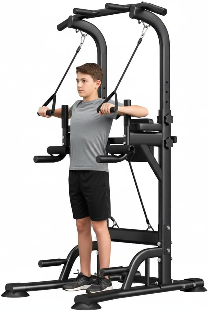 Freestanding Power Tower Dip Station, Adjustable Pull Up Bar for Home Gym with Backrest & Resistance Bands, 450 LBS Heavy Duty Multi-Function Calisthenics Workout Equipment for Adults & Teens