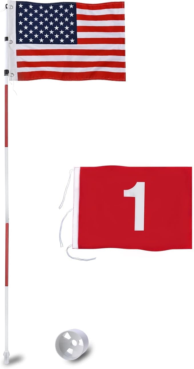KINGTOP Golf Flagstick with USA Golf Flag, Putting Green Flags Hole Cup Set, 6 Feet in Height, Golf Pin Flags for Driving Range Backyard, 5-Section Design, with Additional Putting Green Replacement