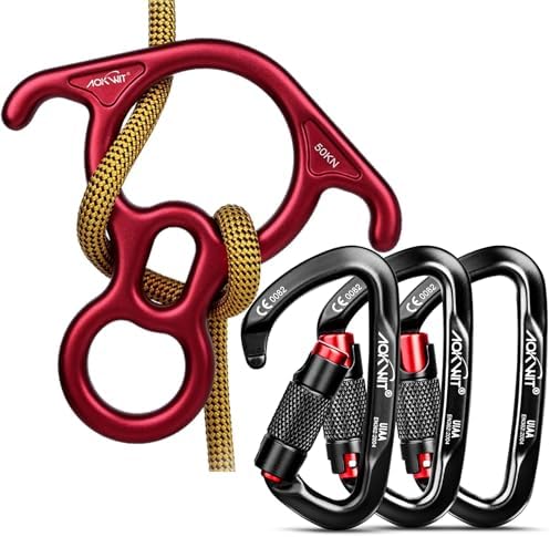 Professional Climbing Gear Set: 50KN Rescue Figure 8 Descender with Large Bent-Ear & 25KN UIAA Certified Auto-Locking Carabiner, Heavy Duty 7075 Aluminum Rappelling Equipment for Rock Climbing, Rescue