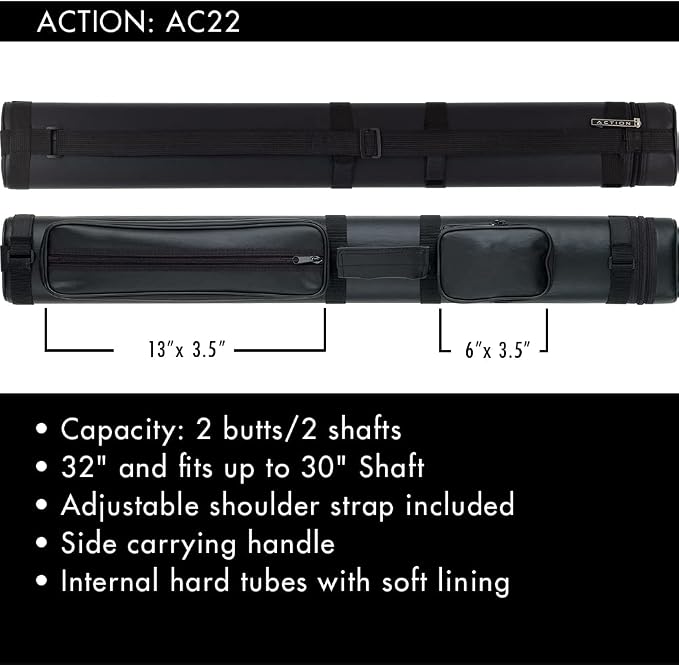 Action 34" Long Pool Cue Hard Carrying Case - Holds 2 Butts & 2 Shafts, Separate Molded Tubes, Large Zippered Accessory Pockets, Adjustable 1" Vinyl Carrying Strap, Fits up to 32" Shaft or Butt
