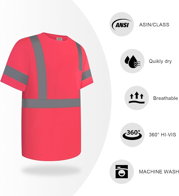 TCCFCCT Safety Class 3 High Visibility Shirt for Men Women, Hi Vis Reflective Short Sleeve Construction Work Wear With Strips, Durable & Breathable, DC-Pink S