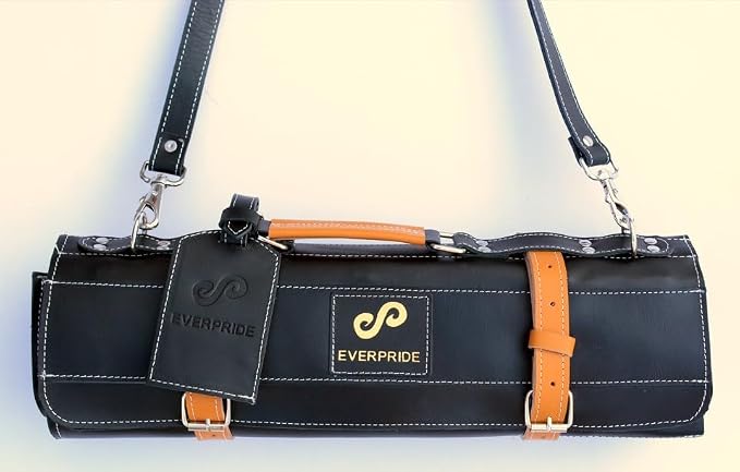 EVERPRIDE Premium Black Leather with Stunning Tawny Wheat Trim, Professional Chef Knife Roll and Bag for Knives, Sturdy Construction Chef Bag, Easy Carry Luxury Knife Case