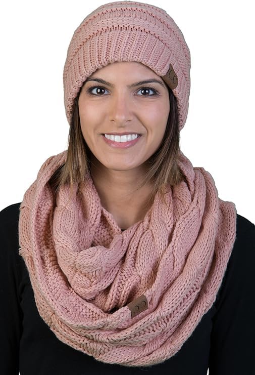 Funky Junque Matching 2 Pack Regular Beanie Matching Scarf Winter Set Bundle - Indi Pink (Solid)