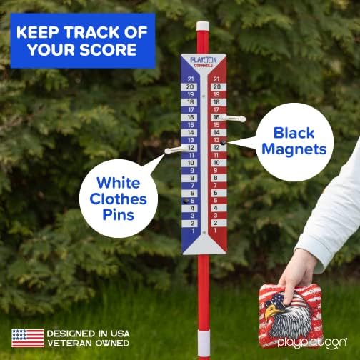 Play Platoon Cornhole Scoreboard Vertical Score Keeper Board & Accessories 4 Magnets, 4 Clothes Pin, PVC Tower Stand & Carry Bag Holder for Professional Corn Hole Bag Tournament