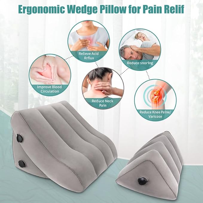 SAHEYER Inflatable Bed Wedge Pillow Set, 2 PCS Post Surgery Support Pillow for Back, Knees, Leg Pain Relief, Adjustable Sitting Pillows for Anti Snoring, Heartburn, GERD Sleeping (Grey)