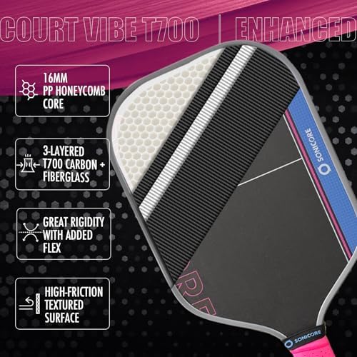 SONICORE Pickleball Paddle Set Bundle, T700 Carbon Fiber 16mm Core, 1 Paddle, Cover, Wristbands, Grip Tape, Eraser, 4 Premium Balls | Vibe Pink