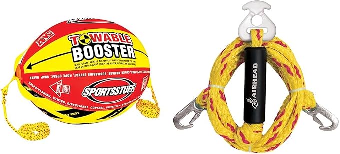 Sportsstuff Booster Ball, Towable Tube Rope Performance Ball Dimensions inflated & Airhead Heavy Duty Tow Harness for 1-4 Rider Towable Tubes, Water Skis, Wakesurf Boards and Wakeboards, 12-Feet