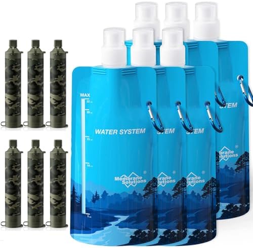 Membrane Solutions Squeezable Water Filtration System, Survival Water Purifier Kit, Portable Backpacking Gear Including Water Filter Straw and 23oz Collapsible Bottle for Hiking Camping Travel(6+6)