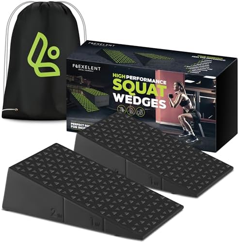 Flexelent Squat Wedge Block Pair, Squat Ramp, Calf Raise Block, Anti-Slip Slant Board, ATG Equipment to Boost Workout, 17° Incline, 3.5x5.9x12.2, Backpack Included - Monochrome (Black & Lime Green)