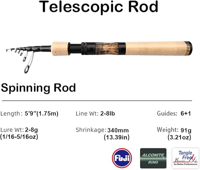 PURELURE Telescopic Fishing Rod Ultralight/Light, Portable Travel Rod 5'9'' | Carbon Fiber Rod Spinning & Casting, FUJI Alconite Ring and Reel Seat, One-Piece Mixed Carbon/4A Cork Handle, Spare Solid Tip