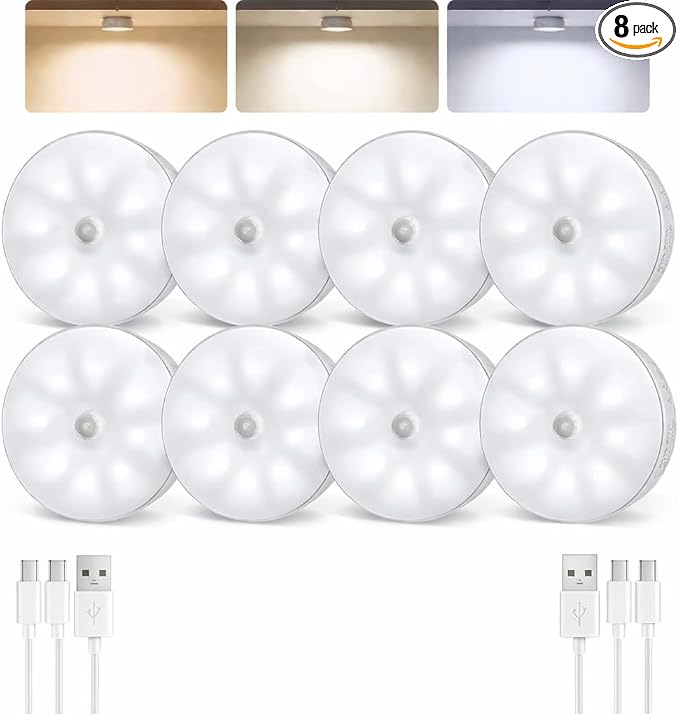 EZVALO 8 Pack Motion Sensor Closet Lights, 1200mAh Rechargeable Under Cabinet Lights, Night Lights, Puck Lights, Dimmable, 3 Color Temps, Magnetic, Stick-On for Kitchen, Stairs, Closet