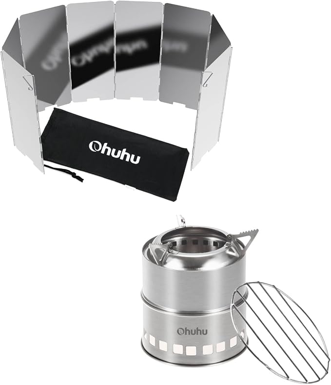 Ohuhu Wood Burning Camp Stoves + 10 Plates Camp Stove Windscreen for Camping Picnic, Backpacking, Cooking