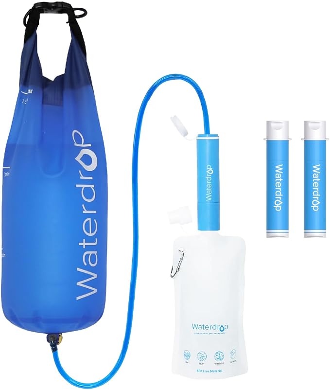 Waterdrop Water Filter Straw 3 Pack with Gravity Water Bag, Gravity Water Filtration System, Water Purifier Survival for Travel, Backpacking, 1.5 gal Bag, 0.1 Micron, 5 Stage Filtration