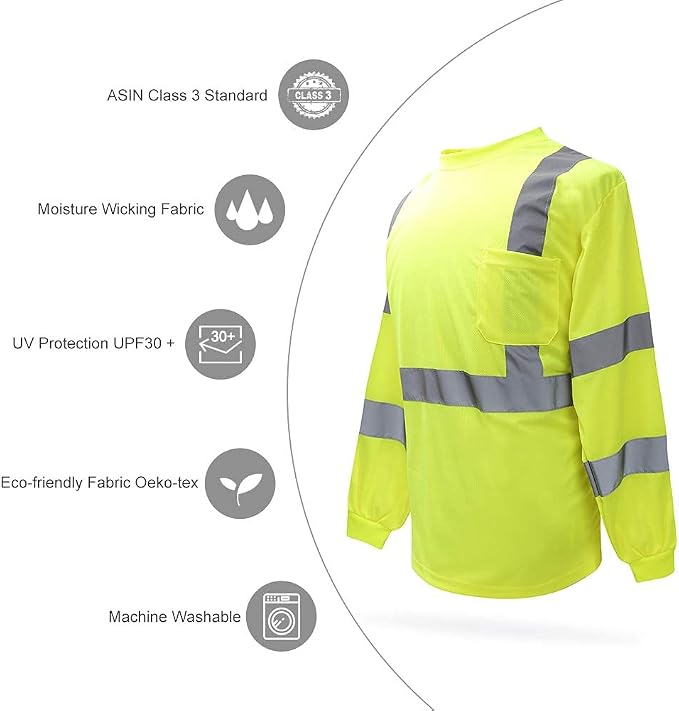 A-SAFETY Safety Shirt,High Visibility Work T Shirt Long Short Sleeve Class 3 (XS-6XL)