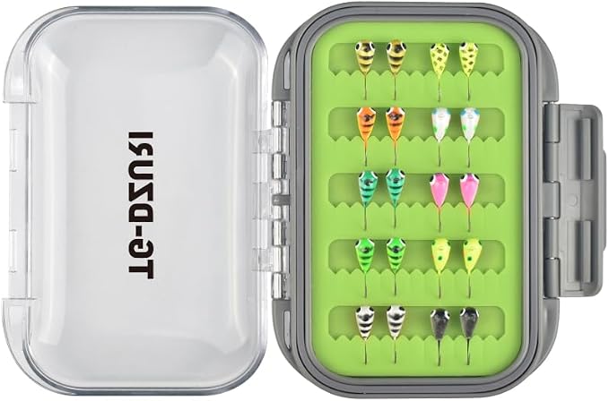 Tungsten Ice Fishing Jigs Kit, 3.2/4/5mm Glow in Dark Tear Drop Ice Fishing Lure Jigs with Waterproof Two-Sided Jig Box Assortment 20/24/30