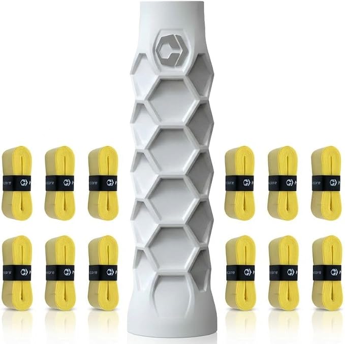 Hesacore Pickleball Bundle – Standard Grip White Size S (5.25”) + Hesatac Overgrip Yellow Tape 12-Pack – Anti-Sweat Control, Enhanced Stability, Reduced Vibration