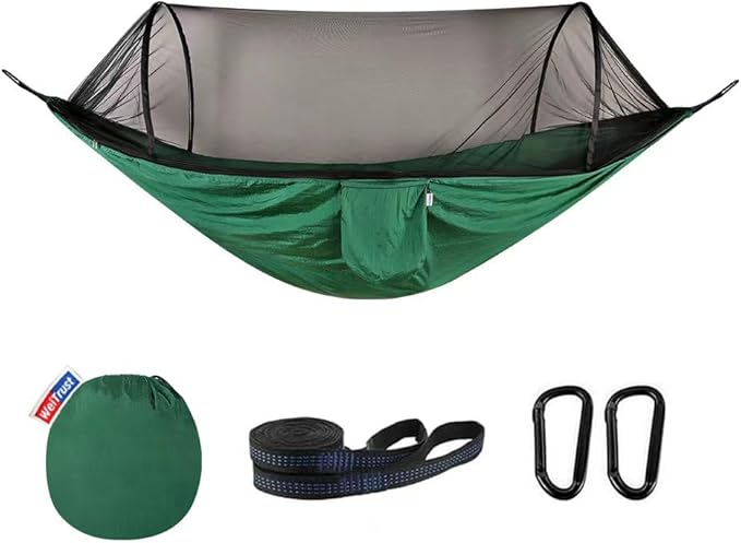 Camping Hammock with Mosquito Net - Double & Single Portable Hammocks with 2 Tree Straps, Lightweight Hammock Tent for Outdoor Camping, Hiking, Backpacking, Beach & Backyard (Dark Green)