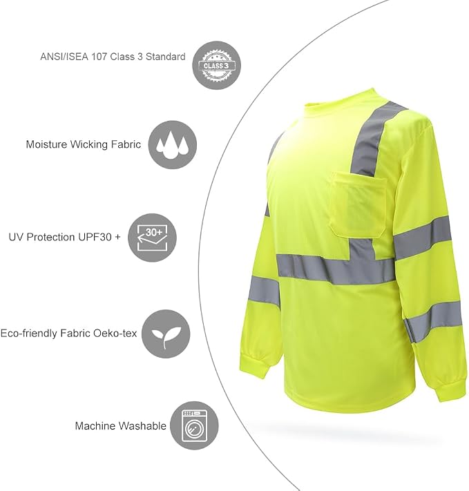 A-SAFETY Safety Shirt,High Visibility Work T Shirt Long Short Sleeve Class 3 (XS-6XL)